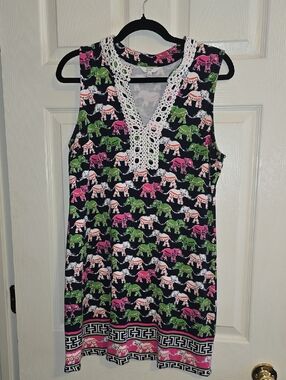 crown & ivy Black Midi Dress with Pink & Green Elephant Print